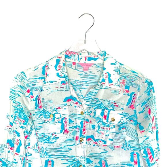 Lilly Pulitzer 0 Cruiser Shirt Watch Out Lighthouse Print Blue Pink Coastal Sea - Picture 4 of 9